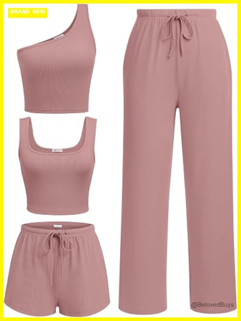 Ribbed Knit Lounge Set: Crop Tank Top, Shorts & Pants with Pockets